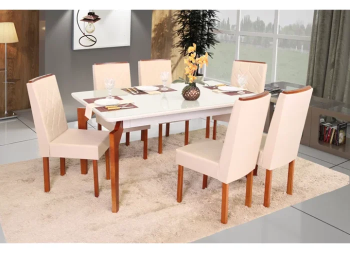 CONJ MESA RET ABEILLE 157,5X93 VID.OFF WHITE 6 CAD ABEILLE C/APLIQUES - CORRIENTE AREIA MEL OFF WHITE