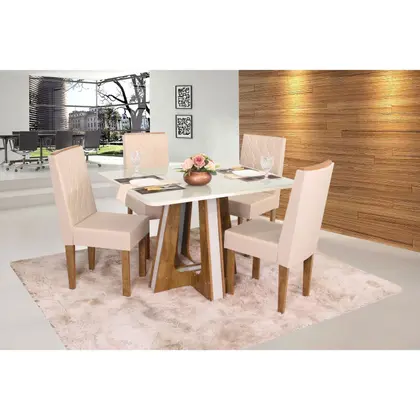 MESA RET LAIS PEQUENA - VIDRO OFF WHITE FREIJO / OFF WHITE 4 CADEIRAS ITALIA C/ APLIQUE - PIENZA BEGE FREIJO